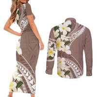 Aloha Hawaii Festive Couples Matching Short Sleeve Bodycon Dress and Long Sleeve Button Shirt Frangipani Lace Classic - Beige LT7 - Polynesian Pride