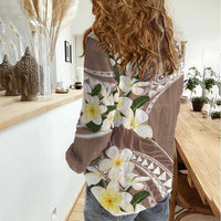 Aloha Hawaii Festive Women Casual Shirt Frangipani Lace Classic - Beige