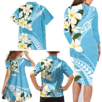 Aloha Hawaii Festive Family Matching Long Sleeve Bodycon Dress and Hawaiian Shirt Frangipani Lace Classic - Turquoise