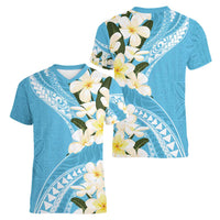 Aloha Hawaii Festive Women V-Neck T-Shirt Frangipani Lace Classic - Turquoise LT7 - Polynesian Pride