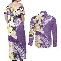 Aloha Hawaii Festive Couples Matching Off Shoulder Maxi Dress and Long Sleeve Button Shirt Frangipani Lace Classic - Lavender LT7 - Polynesian Pride