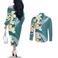 Aloha Hawaii Festive Couples Matching Off The Shoulder Long Sleeve Dress and Long Sleeve Button Shirt Frangipani Lace Classic - Teal LT7 - Polynesian Pride