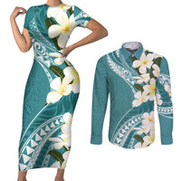 Aloha Hawaii Festive Couples Matching Short Sleeve Bodycon Dress and Long Sleeve Button Shirt Frangipani Lace Classic - Teal LT7 Teal - Polynesian Pride