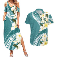 Aloha Hawaii Festive Couples Matching Summer Maxi Dress and Hawaiian Shirt Frangipani Lace Classic - Teal LT7 Teal - Polynesian Pride