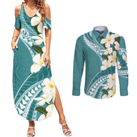 Aloha Hawaii Festive Couples Matching Summer Maxi Dress and Long Sleeve Button Shirt Frangipani Lace Classic - Teal LT7 Teal - Polynesian Pride