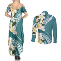 Aloha Hawaii Festive Couples Matching Summer Maxi Dress and Long Sleeve Button Shirt Frangipani Lace Classic - Teal LT7 - Polynesian Pride
