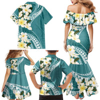 Aloha Hawaii Festive Family Matching Mermaid Dress and Hawaiian Shirt Frangipani Lace Classic - Teal LT7 - Polynesian Pride