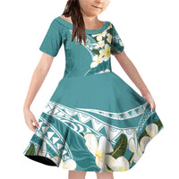Aloha Hawaii Festive Family Matching Off Shoulder Short Dress and Hawaiian Shirt Frangipani Lace Classic - Teal