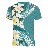 Aloha Hawaii Festive Women V-Neck T-Shirt Frangipani Lace Classic - Teal LT7 - Polynesian Pride