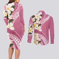 Aloha Hawaii Festive Couples Matching Long Sleeve Bodycon Dress and Long Sleeve Button Shirt Frangipani Lace Classic - Rosy LT7 - Polynesian Pride
