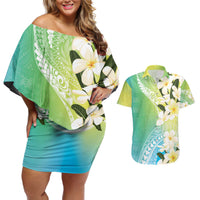 Aloha Hawaii Festive Couples Matching Off Shoulder Short Dress and Hawaiian Shirt Frangipani Lace Classic - Summer Vibes LT7 Blue Green - Polynesian Pride