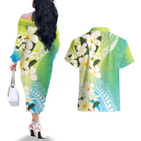 Aloha Hawaii Festive Couples Matching Off The Shoulder Long Sleeve Dress and Hawaiian Shirt Frangipani Lace Classic - Summer Vibes