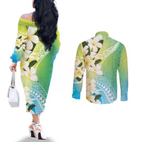Aloha Hawaii Festive Couples Matching Off The Shoulder Long Sleeve Dress and Long Sleeve Button Shirt Frangipani Lace Classic - Summer Vibes LT7 - Polynesian Pride