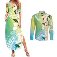Aloha Hawaii Festive Couples Matching Summer Maxi Dress and Long Sleeve Button Shirt Frangipani Lace Classic - Summer Vibes LT7 Blue Green - Polynesian Pride