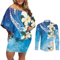 Aloha Hawaii Festive Couples Matching Off Shoulder Short Dress and Long Sleeve Button Shirt Frangipani Lace Classic - Oceanic LT7 Navy - Polynesian Pride