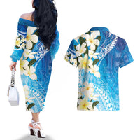 Aloha Hawaii Festive Couples Matching Off The Shoulder Long Sleeve Dress and Hawaiian Shirt Frangipani Lace Classic - Oceanic