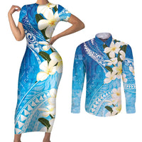 Aloha Hawaii Festive Couples Matching Short Sleeve Bodycon Dress and Long Sleeve Button Shirt Frangipani Lace Classic - Oceanic LT7 Navy - Polynesian Pride