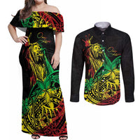 Personalised Reggae Jawaiian Festive Couples Matching Off Shoulder Maxi Dress and Long Sleeve Button Shirt Mix Polynesian
