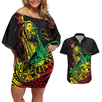 Personalised Reggae Jawaiian Festive Couples Matching Off Shoulder Short Dress and Hawaiian Shirt Mix Polynesian