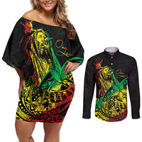Personalised Reggae Jawaiian Festive Couples Matching Off Shoulder Short Dress and Long Sleeve Button Shirt Mix Polynesian