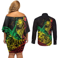 Personalised Reggae Jawaiian Festive Couples Matching Off Shoulder Short Dress and Long Sleeve Button Shirt Mix Polynesian