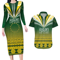 Cook Islands Rugby Custom Couples Matching Long Sleeve Bodycon Dress and Hawaiian Shirt Kuki Avaiki LT7 Yellow Green - Polynesian Pride