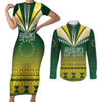 Cook Islands Rugby Custom Couples Matching Short Sleeve Bodycon Dress and Long Sleeve Button Shirt Kuki Avaiki LT7 Yellow Green - Polynesian Pride
