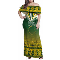 Cook Islands Rugby Custom Family Matching Off Shoulder Maxi Dress and Hawaiian Shirt Kuki Avaiki LT7 Mom's Dress Yellow Green - Polynesian Pride