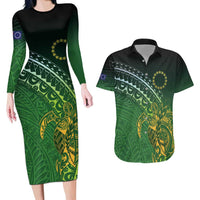 Cook Islands Rugby Kuki Avaiki Couples Matching Long Sleeve Bodycon Dress and Hawaiian Shirt Tribal Turtle - Polynesian Pride