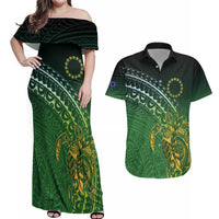 Cook Islands Rugby Kuki Avaiki Couples Matching Off Shoulder Maxi Dress and Hawaiian Shirt Tribal Turtle - Polynesian Pride