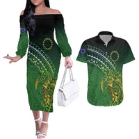 Cook Islands Rugby Kuki Avaiki Couples Matching Off The Shoulder Long Sleeve Dress and Hawaiian Shirt Tribal Turtle - Polynesian Pride