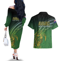 Cook Islands Rugby Kuki Avaiki Couples Matching Off The Shoulder Long Sleeve Dress and Hawaiian Shirt Tribal Turtle - Polynesian Pride