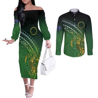 Cook Islands Rugby Kuki Avaiki Couples Matching Off The Shoulder Long Sleeve Dress and Long Sleeve Button Shirt Tribal Turtle LT7 Dark Green - Polynesian Pride