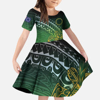 Cook Islands Rugby Kuki Avaiki Family Matching Long Sleeve Bodycon Dress and Hawaiian Shirt Tribal Turtle LT7 Daughter's Dress Dark Green - Polynesian Pride