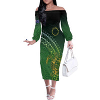 Cook Islands Rugby Kuki Avaiki Family Matching Off The Shoulder Long Sleeve Dress and Hawaiian Shirt Tribal Turtle LT7 Mom's Dress Dark Green - Polynesian Pride