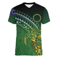 Cook Islands Rugby Kuki Avaiki Women V-Neck T-Shirt Tribal Turtle LT7 Female Dark Green - Polynesian Pride