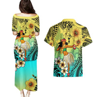 Honolulu Hawaii Couples Matching Puletasi and Hawaiian Shirt Ilima Plumeria with Hula Girl LT7 - Polynesian Pride