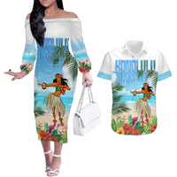 Personalised Hawaii Hula Girl Couples Matching Off The Shoulder Long Sleeve Dress and Hawaiian Shirt Honolulu Festival LT7 Art - Polynesian Pride