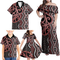 Maori Taniko Patterns Family Matching Off Shoulder Maxi Dress and Hawaiian Shirt Brown Patiki Motifs Mix Whakairo Ngaru LT7 - Polynesian Pride