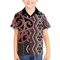 Maori Taniko Patterns Family Matching Off Shoulder Short Dress and Hawaiian Shirt Brown Patiki Motifs Mix Whakairo Ngaru LT7 Son's Shirt Brown - Polynesian Pride