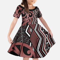 Maori Taniko Patterns Family Matching Summer Maxi Dress and Hawaiian Shirt Brown Patiki Motifs Mix Whakairo Ngaru LT7 Daughter's Dress Brown - Polynesian Pride
