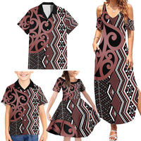 Maori Taniko Patterns Family Matching Summer Maxi Dress and Hawaiian Shirt Brown Patiki Motifs Mix Whakairo Ngaru LT7 - Polynesian Pride