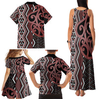 Maori Taniko Patterns Family Matching Tank Maxi Dress and Hawaiian Shirt Brown Patiki Motifs Mix Whakairo Ngaru LT7 - Polynesian Pride