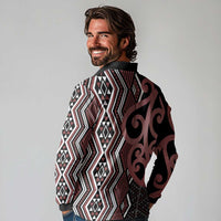 Maori Taniko Patterns Long Sleeve Polo Shirt Brown Patiki Motifs Mix Whakairo Ngaru