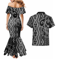 Maori Taniko Patterns Couples Matching Mermaid Dress and Hawaiian Shirt Black Patiki Motifs Mix Whakairo Ngaru