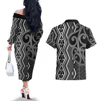 Maori Taniko Patterns Couples Matching Off The Shoulder Long Sleeve Dress and Hawaiian Shirt Black Patiki Motifs Mix Whakairo Ngaru