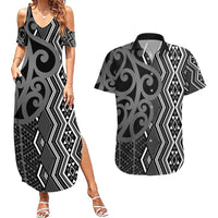Maori Taniko Patterns Couples Matching Summer Maxi Dress and Hawaiian Shirt Black Patiki Motifs Mix Whakairo Ngaru LT7 Black - Polynesian Pride
