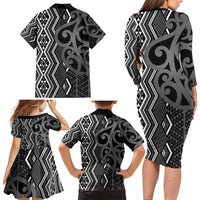 Maori Taniko Patterns Family Matching Long Sleeve Bodycon Dress and Hawaiian Shirt Black Patiki Motifs Mix Whakairo Ngaru LT7 - Polynesian Pride