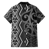 Maori Taniko Patterns Family Matching Off Shoulder Short Dress and Hawaiian Shirt Black Patiki Motifs Mix Whakairo Ngaru LT7 - Polynesian Pride