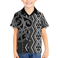 Maori Taniko Patterns Family Matching Off Shoulder Short Dress and Hawaiian Shirt Black Patiki Motifs Mix Whakairo Ngaru LT7 Son's Shirt Black - Polynesian Pride